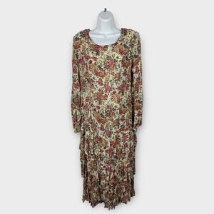 Vintage Cream Floral Long Sleeve Tiered maxi dress cottagcore feminine Large